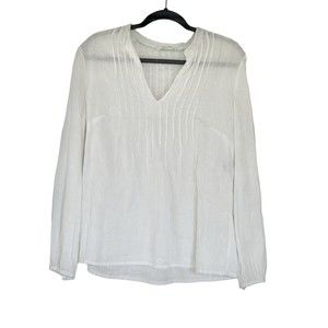 Boden Womens Top 8 White Linen V Neck Pin Tuck Pleats Long Sleeved Breathable